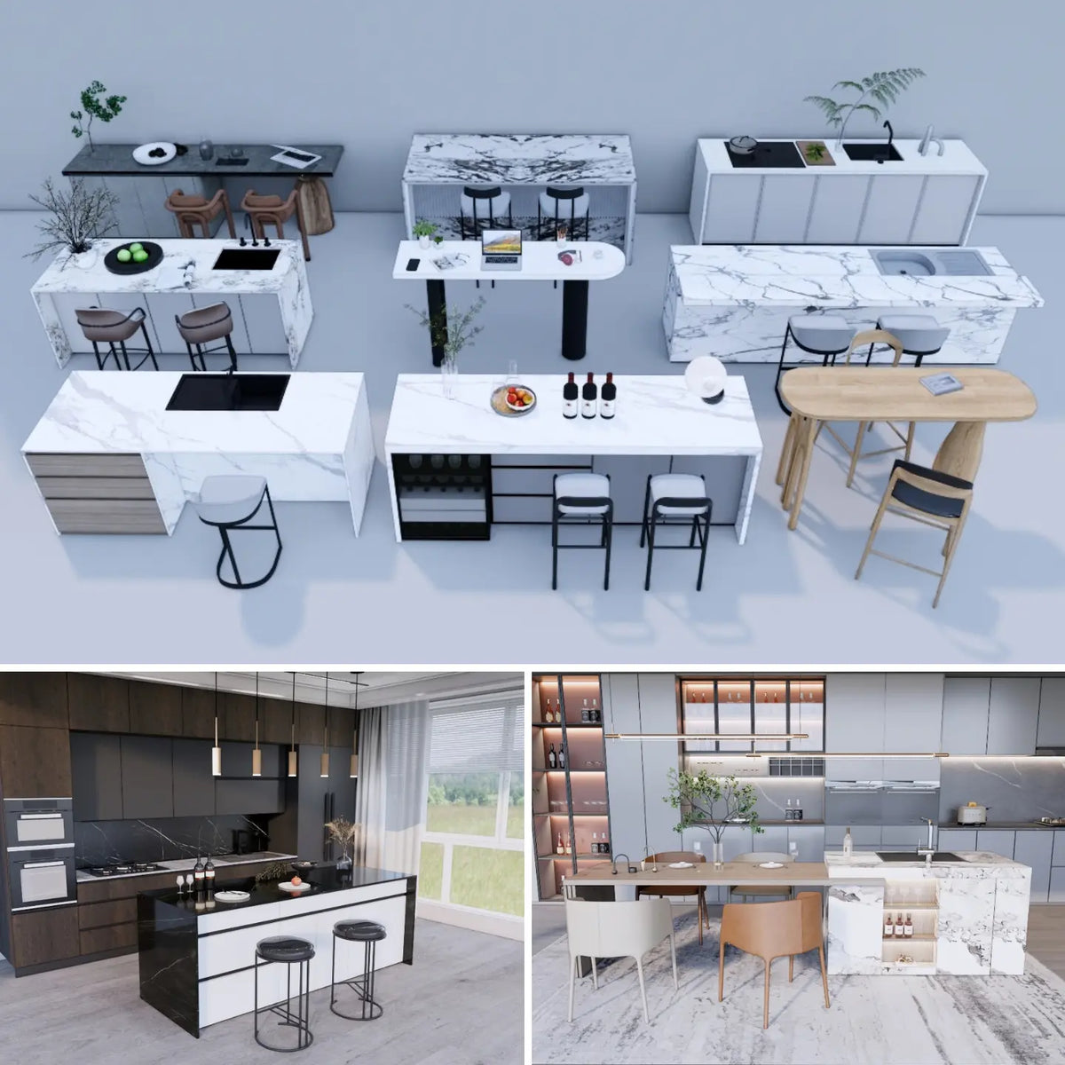 700 SketchUp Bar Counter & Kitchen Island Models
